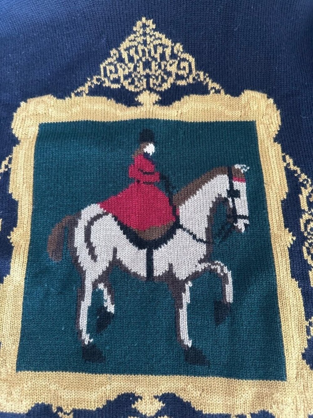 VTG 90s 100% Wool Horse Riding Equestrian Navy Crewneck Sweater Grandmillennial - Picture 7 of 8